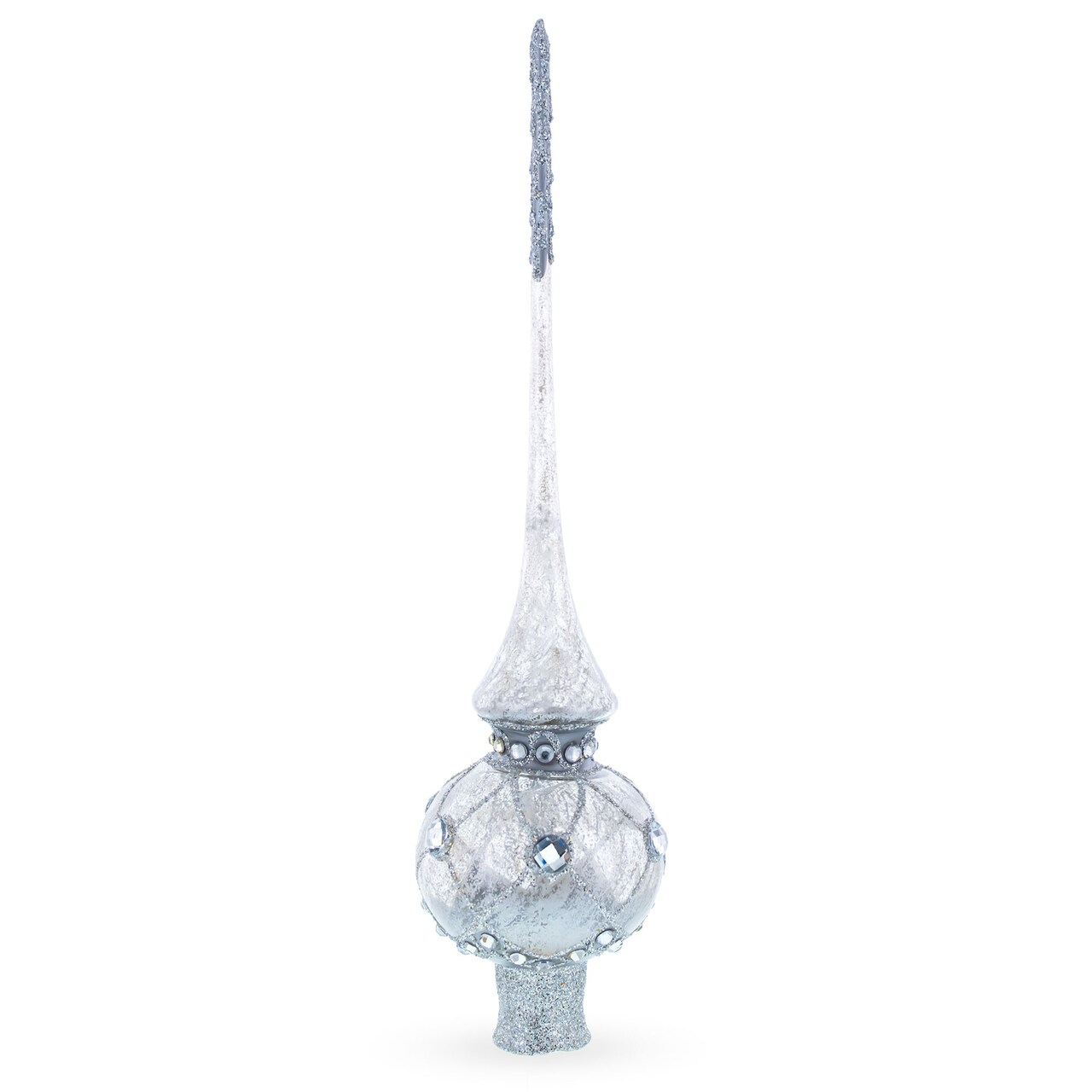 Dimensional White Jewels on Speckled Silver Glass Christmas Tree Topper 11 Inches